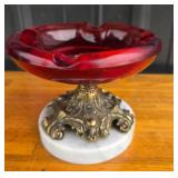 Ruby Red Glass Ashtray With Brass Tone Base On Mar
