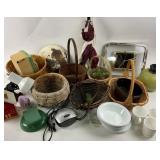 Household Items Including Baskets, Dinnerware, Clo