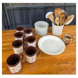 Robinson Ransbottom Crock, Plastic Mugs, Utensils