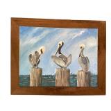 Tina Poucher Oil Painting of Pelicans on Pilings