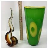 Hand-Blown Green Art Glass Vase and Abstract Sculp