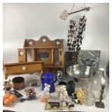 Wood Wall Shelf, Wind Chime, Metal Bowl, Glass Jug