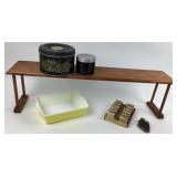 Pyrex Dish, Metal Tin, Wooden Stamps +