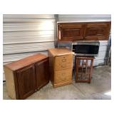 Wood Cabinets, wood File Drawer, Microwave, end ta
