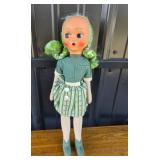 Mid Century Celluloid Cloth Doll with Green Yarn H