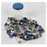Glass Marbles With Mixed Colors and Storage Jar