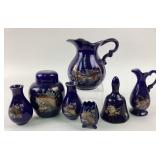 Cobalt Blue Pheasant Vases, Pitcher, Bell, Egg Cup