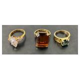 3 Gold Tone Vintage Designer Rings Gemstones