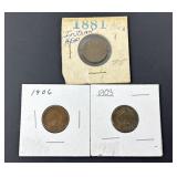 1881, 1903, 1906 Indian Head Pennies, in sleeves