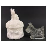 Scotty Dog Milk Glass Covered Dish, Figurine