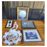 Framed Cottage Artwork, Royal Albert Plate