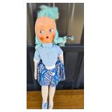 Mid Century Celluloid Cloth Doll With Blue Hair, P
