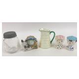 Ceramic Shakers, Dog Clock Figurine, Pitcher, Glas