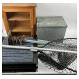 Small Wood Cabinet, Metal Box, Fishing Nets