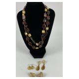 Red Tigers Eye Necklace & 2 Pair Gold Tone