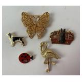 5 Collectible Brooch Pins: Flamingo, Dog, Rabbit,