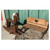 Wooden Rocking Horse and Heart Cutout Bench