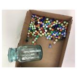 Glass Marbles with Blue Mason Jar