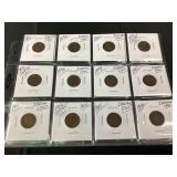 12 Indian Head Pennies in Holders: 1881, 1890