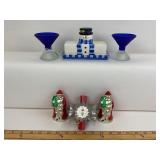 Cobalt Blue Pedestal Cups, Santa Shakers, Snowman