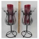 Pair Metal and Glass Standing Candle Holders