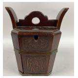 Carved Wood Asian Tea Pot with Metal Bands