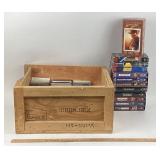 Wood Crate With VHS Tapes and Cassette Tapes