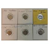 1851, 2 - 1852, 1853, 1856, 1857 three cent silver