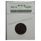 1910 Lincoln cent, ANACS MS63RB
