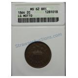 1864 Two cent piece, ANACS MS62BRN, large motto