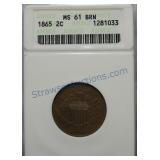 1865 Two cent piece, ANACS MS61BRN