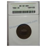 1866 Two cent piece, ANACS MS60BRN