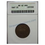 1867 Two cent piece, ANACS MS62BRN