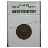 1869 Two cent piece, ANACS MS63BRN