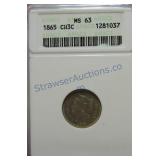 1865 Three cent nickel, ANACS MS63