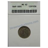 1869 Three cent nickel, ANACS MS62