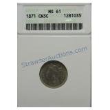 1871 Three cent nickel, ANACS MS61