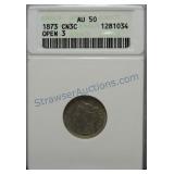 1873 Three cent nickel, ANACS AU50, open 3