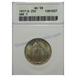 1917-D Standing Liberty quarter, ANACS AU58, Ty 1