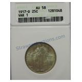 1917-D Standing Liberty quarter, ANACS AU58, Ty 1