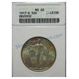 1917-D Obv.  Walking Liberty half, ANACS MS60