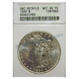 1890 Morgan dollar, ANACS Net AU55, scratched
