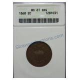 1868 Two cent piece, ANACS MS61BRN