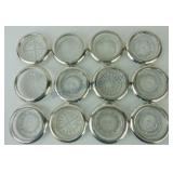 Lot of 12 glass coasters with sterling silver rims
