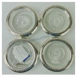 Set of 4 glass coasters with sterling silver rims