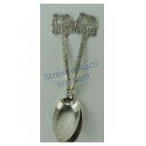 Silver plate souvenir spoon, pair, Log Cabin Syrup