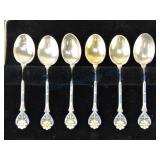 Set of 6 sterling silver and enamel demitasse