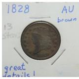 1828 Half cent, AU brown, 13 stars