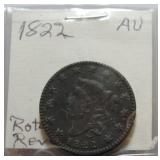 1822 Large cent, AU, rotated reverse