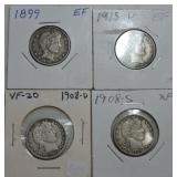 Lot of 4 Barber quarters: 1899, 1908-D,